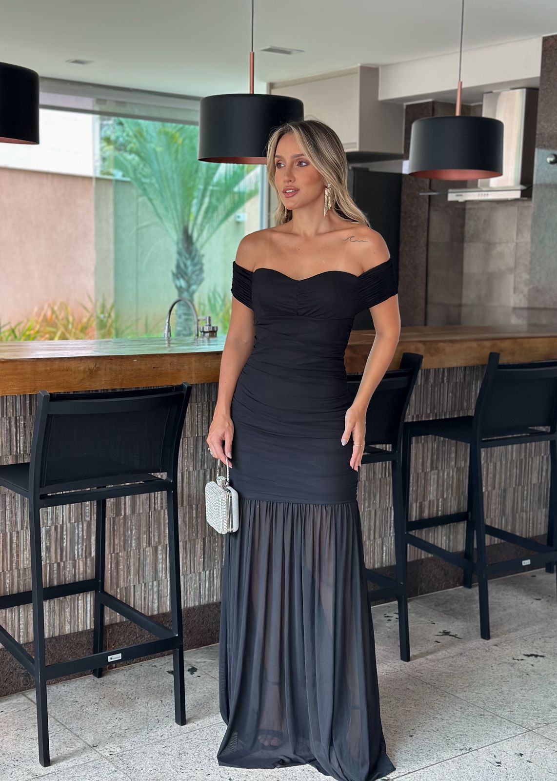 Vestido Longo Cecilia Preto microtule