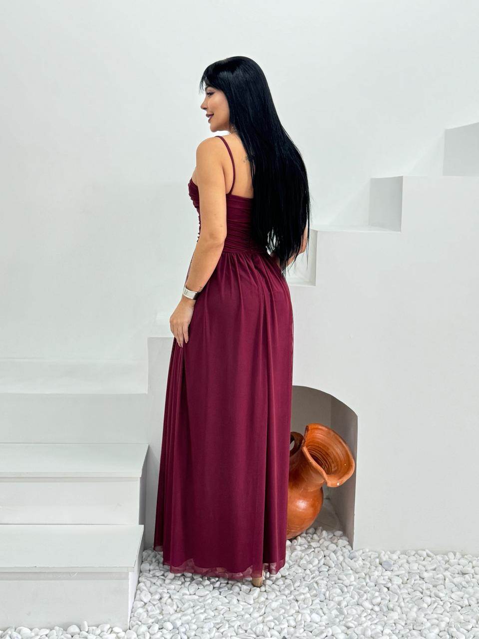 Vestido Longo Marina Marsala microtule