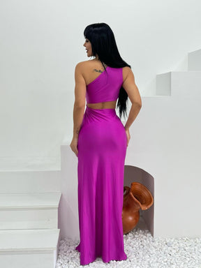 Vestido Longo Suelen Acetinado Fucsia